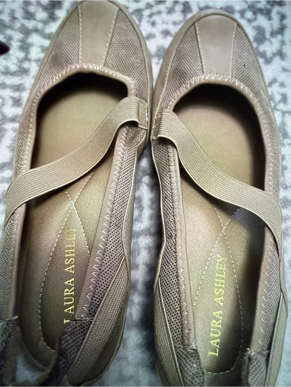 Laura Ashley Taupe Mary Jane Wedges with Elastic Cross Strap